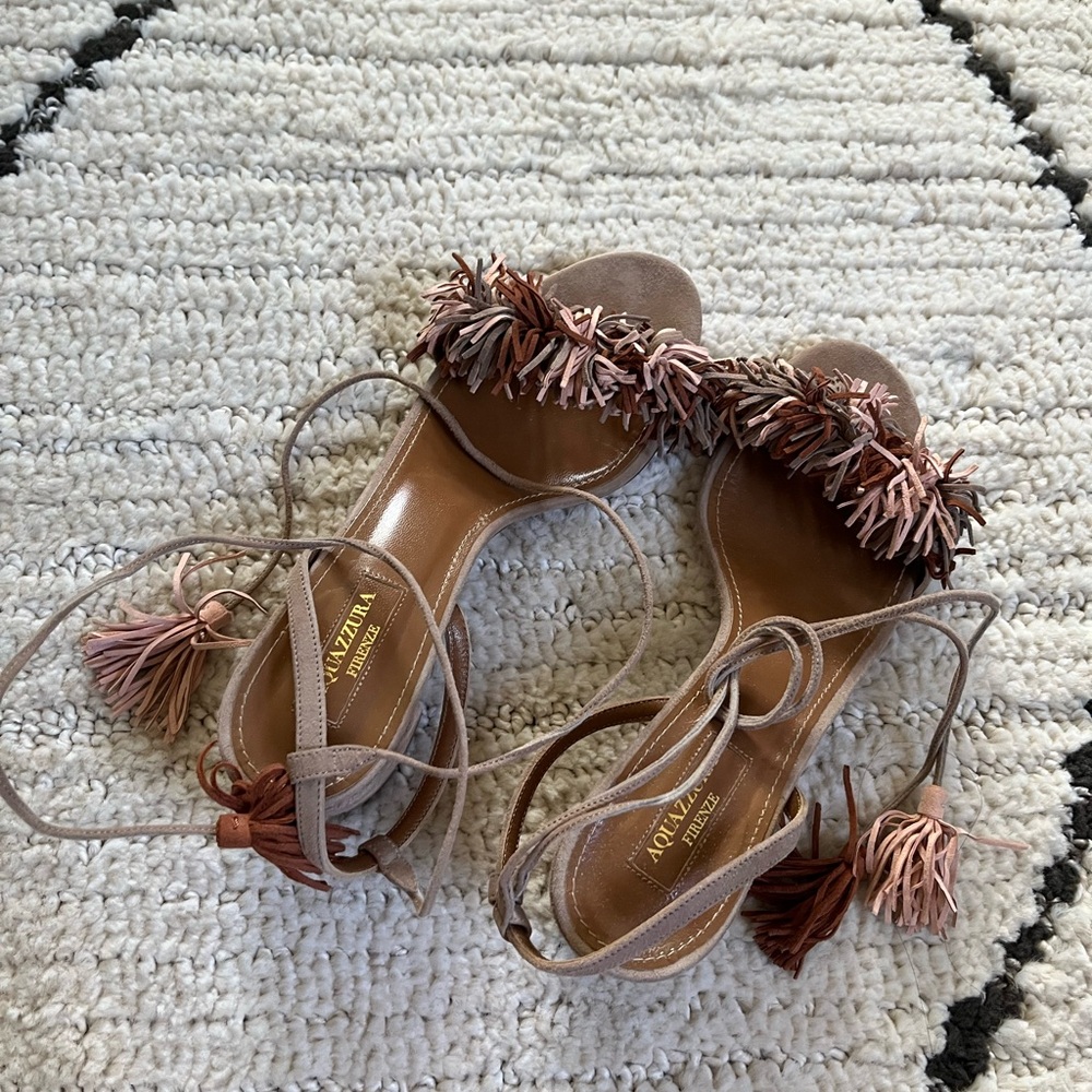 Aquazzura Brown and Pink Tassel Sandals